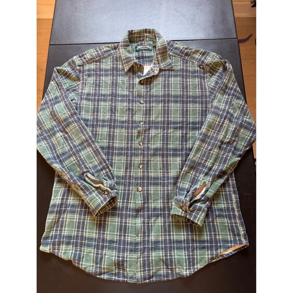 Vintage American Eagle Mens Large Green Plaid Flannel Shirt Long Sleeve Cotton
